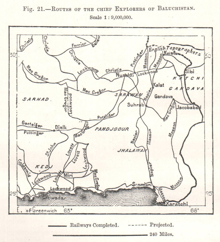 Routes of the Chief Explorers of Baluchistan. Pakistan. Sketch map 1885